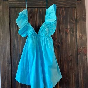 SKY BLUE RUFFLE DETAIL TIE BACK POPLIN DRESS size Small